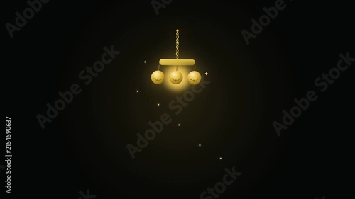 Minimalist golden chandelier hanging in the dark with glowing light particles.