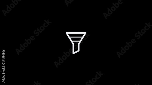 Minimalist white line art funnel icon on a solid black background.