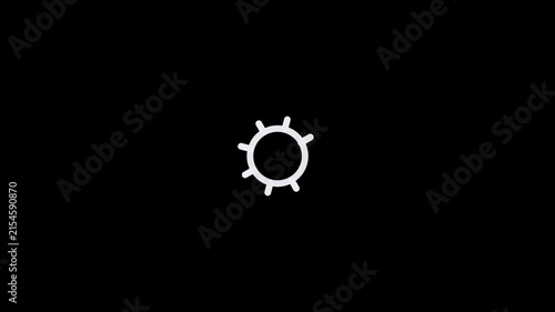 Minimalist white sun icon isolated on a solid black background.