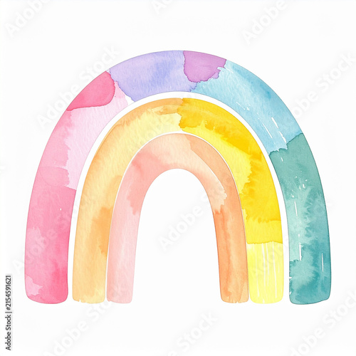 Minimalist hand-painted watercolor rainbow illustration, simple colorful curved shapes, soft pastel colors, cute childish drawing style, white background, friendly and joyful children book artwork.
