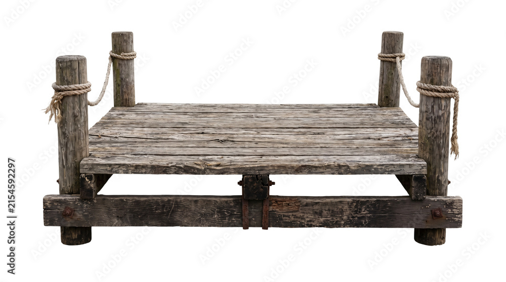 Fototapeta premium Old Rustic Wooden Pier Dock Platform Isolated Element, Vintage Timber Board Deck with Posts and Rope Railing, Transparent PNG Cutout
