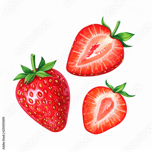 Beautiful botanical watercolor painting of fresh ripe strawberries, rich crimson red tones, hand-painted brush strokes, natural fruit textures, juicy and fresh appearance, isolated on white background