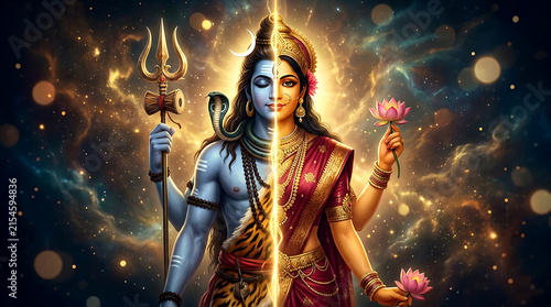 Ardhanarishvara the divine union of lord shiva and goddess parvati in cosmic splendor