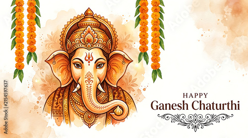 Ganesh chaturthi greeting card with lord ganesha illustration and marigold flower garlands