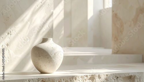 Ceramic vase on stone stairs with natural light.