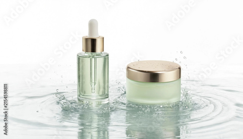 Cosmetic serum bottle and cream jar with water splashes for skincare product promotion