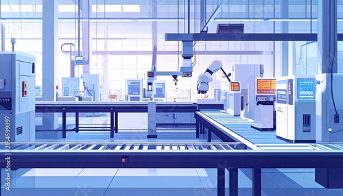 Industrial production line with conveyor and robotics.