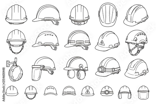 Collection of construction and industrial safety helmets in various designs, isolated line art illustration on white background.