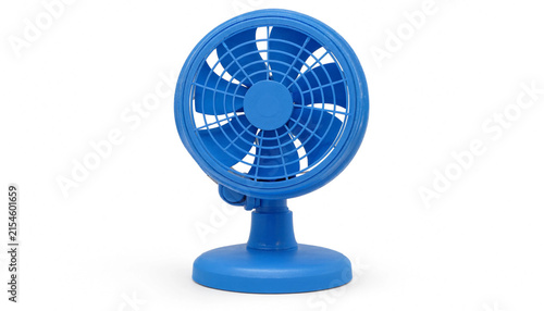 Small blue portable electric desk fan for cooling air in summer