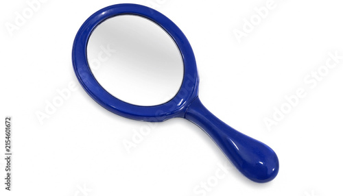Small blue hand mirror with a round glass reflection