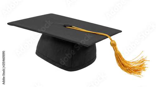 Foto Black Graduation Cap Mortarboard with Gold Tassel Cutout Isolated Element for Ac