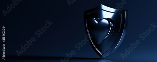 A polished shield protecting a simple heart sculpture.