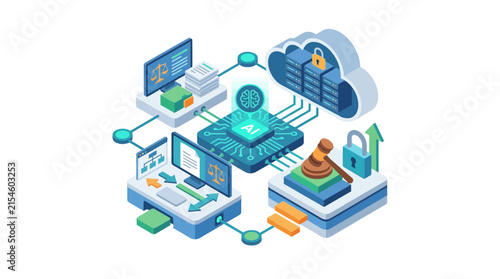 Isometric Cloud Security Concept with Processor Chip and Devices