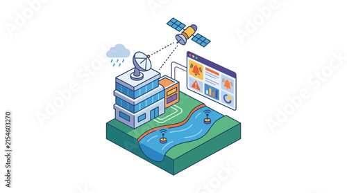 Isometric Satellite River Monitoring Station with Weather Dashboard