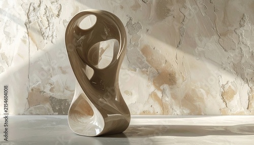 Twisted abstract beige sculpture in sunlit modern interior.