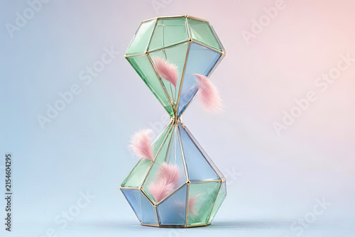 Abstract Architectural 1950s Hourglass Sculpture with Silk Plumes and Pastel Glass.