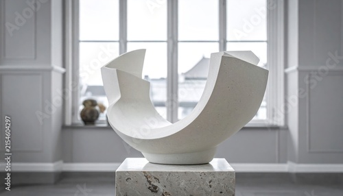 White abstract sculpture on pedestal in front of window.