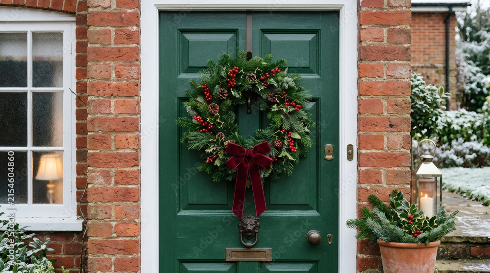 Fototapeta premium A lush green Christmas wreath adorned with a deep red velvet bow hangs on a classic dark green front door.