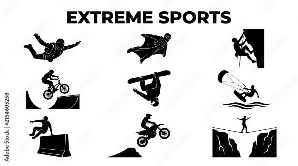 Naklejka premium Extreme sports silhouettes collection featuring skydiving, climbing, snowboarding, and motocross on white background.