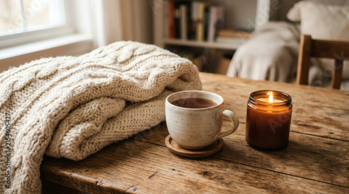 A steaming mug of tea sits on a wooden table next to a cozy knitted blanket and a lit candle, creating a warm and inviting autumn or winter atmosphere.