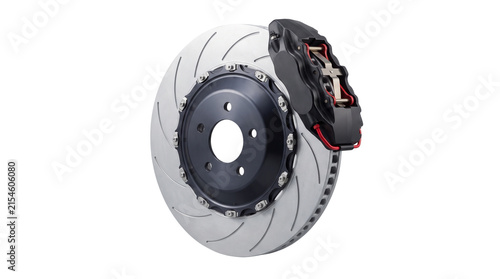 Fotografie High Performance Sport Car Slotted Brake Disc Rotor with Black Caliper, Isolated