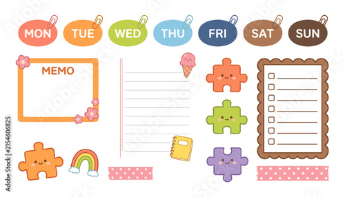 Sweet Kawaii Weekly Planner Sticker Set with Colorful Weekday Tabs Floral Memo Frame Lined Notebook Paper Puzzle Pieces and Checklist Template