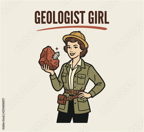 Obraz na plátne Vintage style illustration of a female geologist wearing a pith helmet and holdi