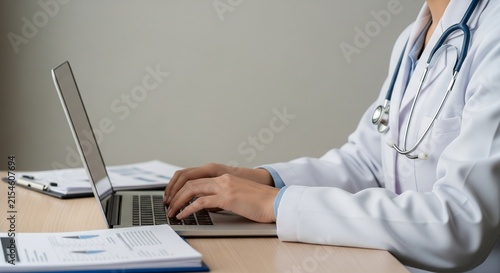 Doctor in white lab coat using a laptop for medical records and online consultation,