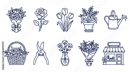 Flower Shop Florist and Gardening Outline Icon Set