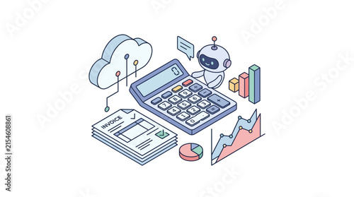 Isometric AI Robot Calculating Finance Data and Growth Charts