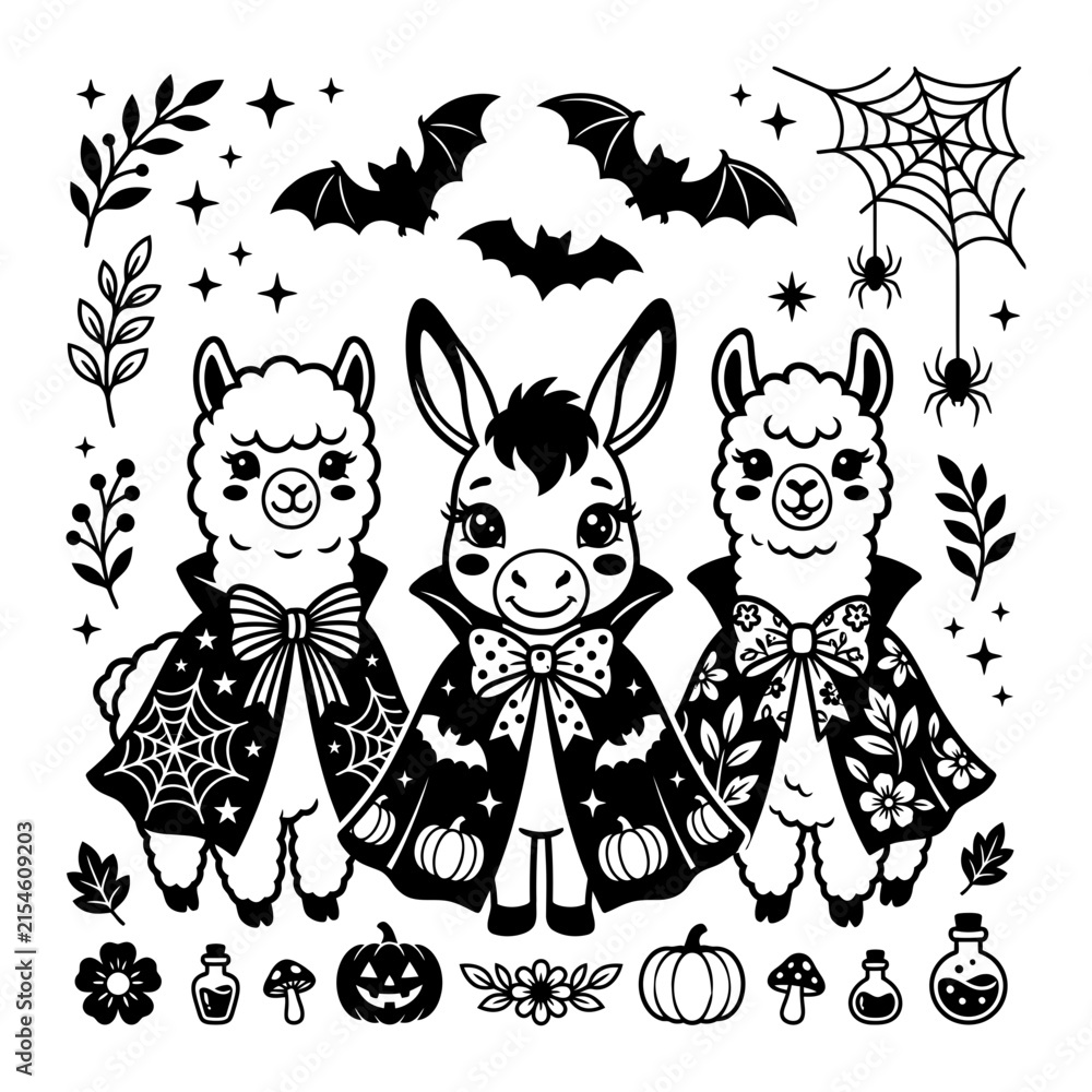 Obraz premium Cute Halloween animals wearing vampire capes with bats and pumpkins