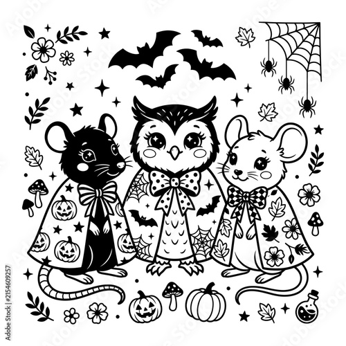 Cute Halloween animals featuring mice and an owl wearing capes