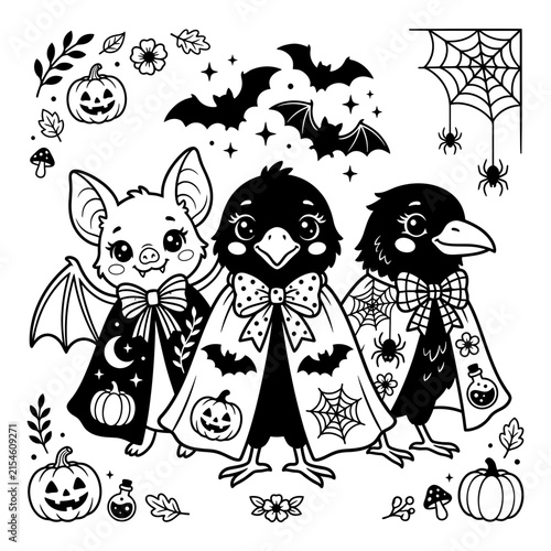 Cute Halloween Animals Wearing Costumes with Bats and Pumpkins