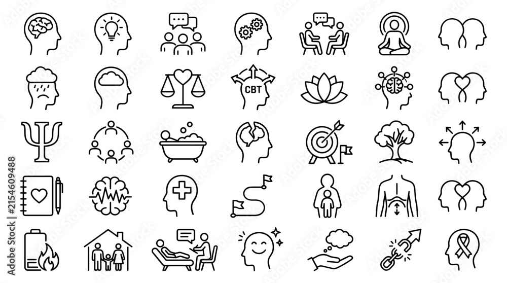 Fototapeta premium Mental health line icons set, psychology and therapy vector symbols, 35 wellness and counseling outline signs for healthcare apps