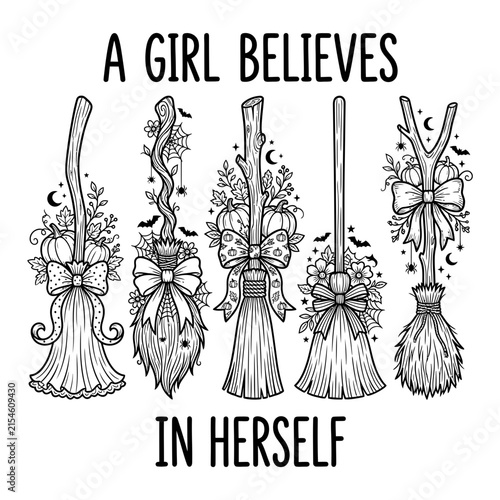 Halloween witch broomsticks set with magical flowers and bows