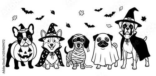 Cute dogs in Halloween costumes wearing witch and vampire outfits