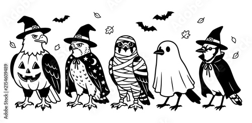 Cute Halloween birds wearing costumes like witch hats and ghost sheets