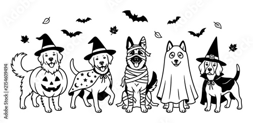 Cute dogs wearing various Halloween costumes and witch hats vector illustration