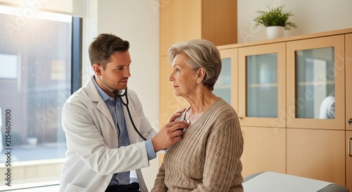 Doctor wearing white coat examines elderly woman patient with stethoscope during medical check-up