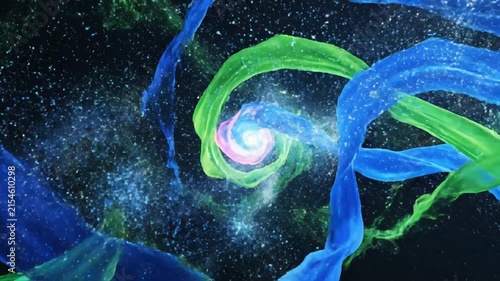 Vibrant glowing blue and green abstract helix on dark background