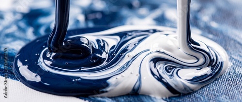Thick navy blue and white liquid paint pouring together onto textured denim fabric creates abstract swirling marble patterns for design