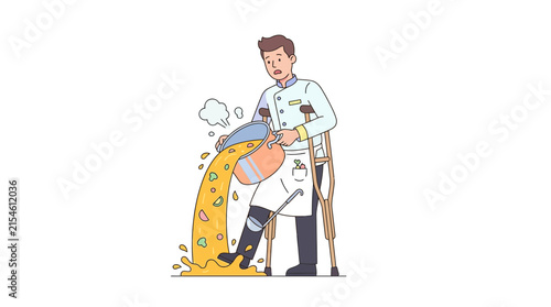 Obraz na plátne Injured chef spills food while on crutches