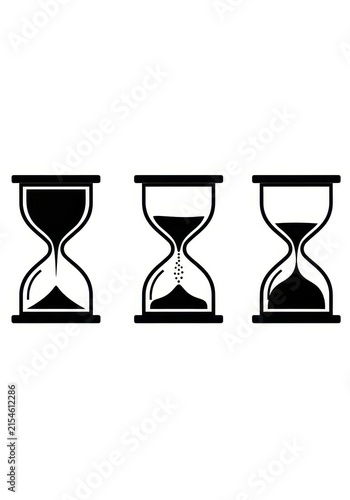 Set of Three Hourglass Icons Showing Different Stages of Time Passing, Black and White Minimalist Vector Illustration
