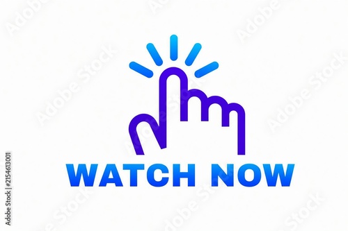 Bright blue hand pointing up with light rays and watch now text