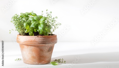 clay pot with fresh herbs inside