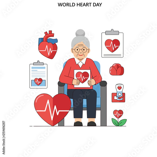 Senior woman with heart health records and icons.