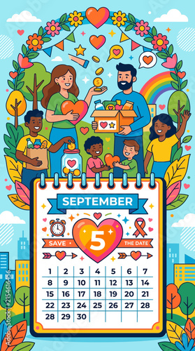 September calendar page with community volunteering illustration.