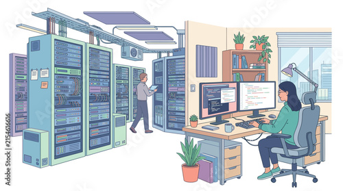 Server room interior with IT technician at desk workstation