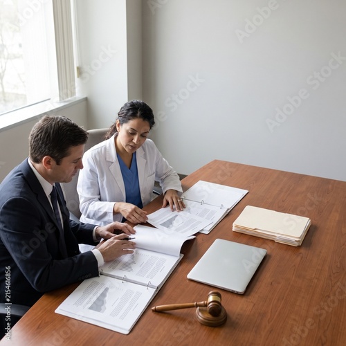 Attorney and medical professional reviewing legal documents at conference table