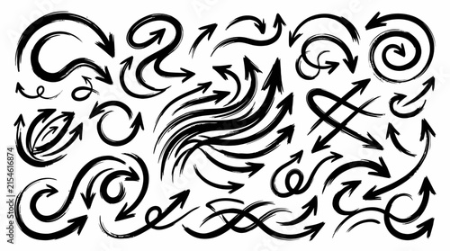 Set of black hand-drawn ink brush arrows.
